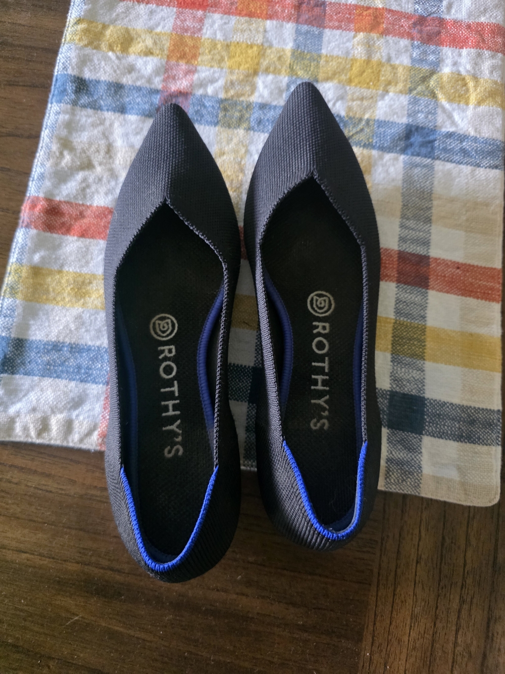 Rothy's Pointed Knit Flats in Charcoal with Blue Trim